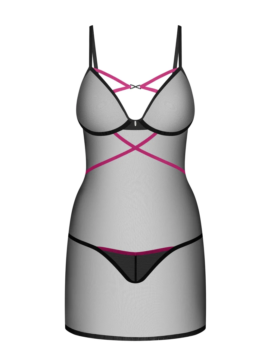 Black Underwired Chemise Obsessive Novenes — Purple Straps