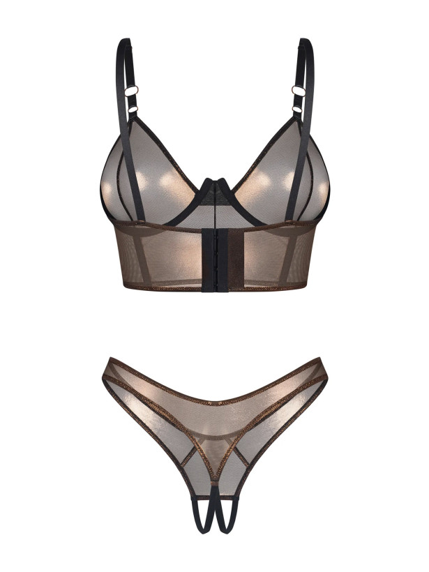Obsessive Soranna Set: Goldglänzendes Netzoberteil & Schrittloser String