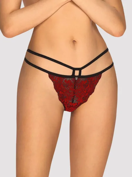 Obsessive Sugestina Panties: Schwarzer und burgunderroter Samt-Tanga mit V-Ausschnitt am Rücken