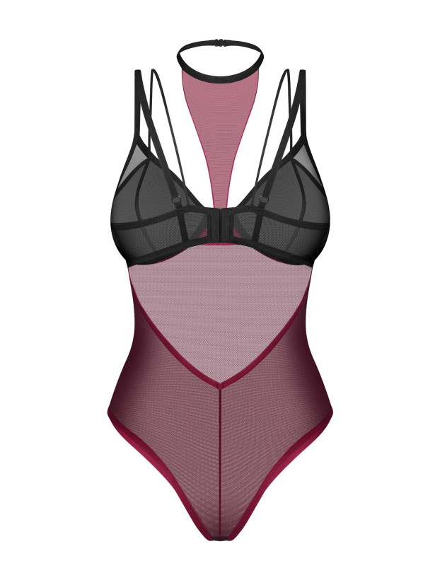 Burgundy Mesh Bodysuit Obsessive Exquisite Parisel — Choker Teddy