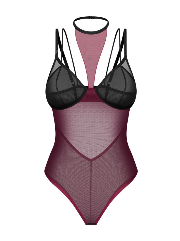 Burgundy Mesh Bodysuit Obsessive Exquisite Parisel — Choker Teddy