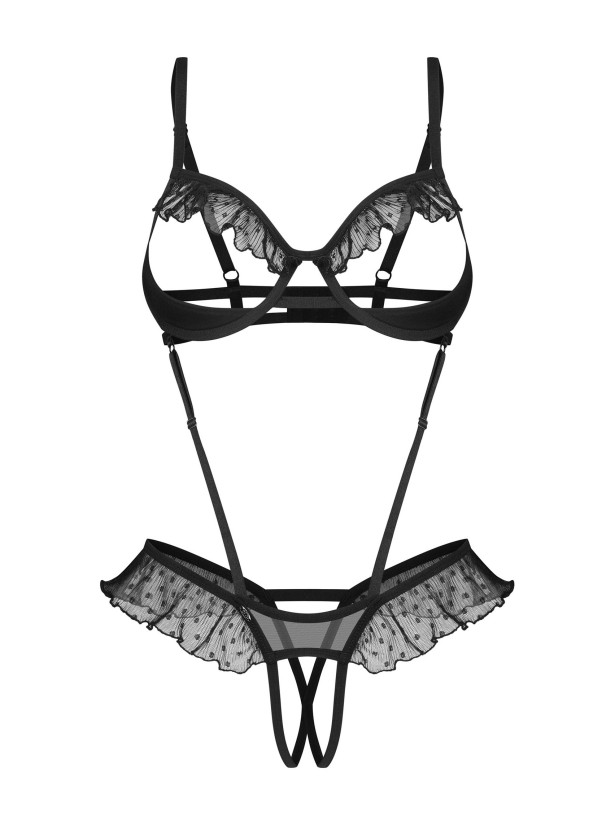 Black Polka Dot Open Cup Crotchless Teddy Obsessive Carrola