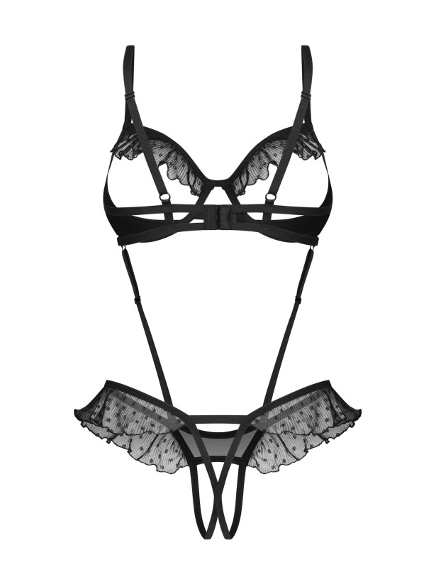 Black Polka Dot Open Cup Crotchless Teddy Obsessive Carrola