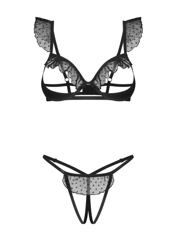 Black Polka Dot Open Cup Bra and Crotchless Thong Set Obsessive Carrola