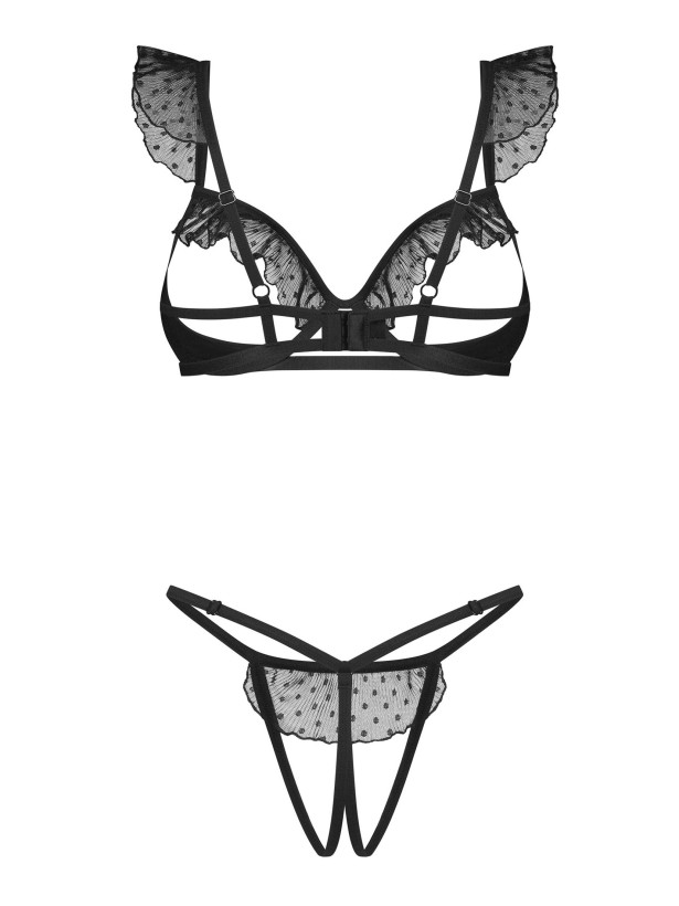 Black Polka Dot Open Cup Bra and Crotchless Thong Set Obsessive Carrola