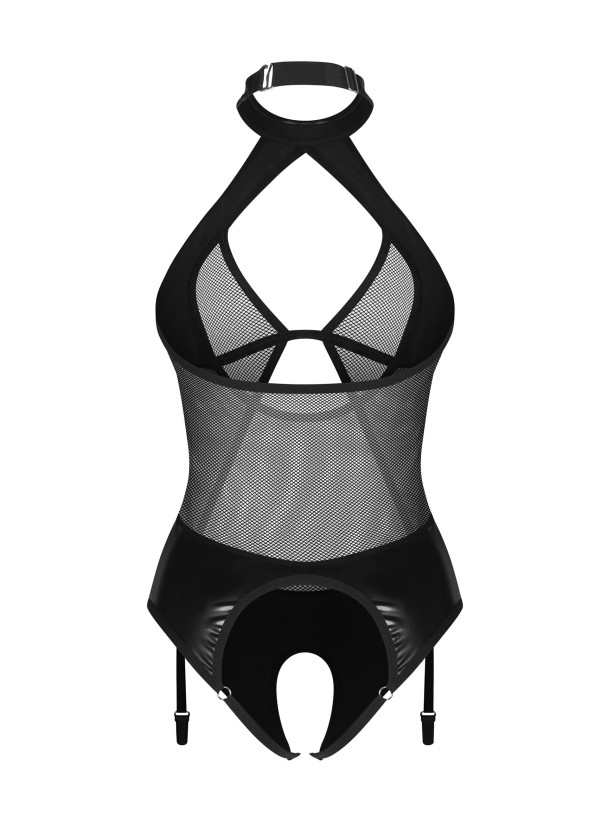 Black Faux Leather Bodysuit Obsessive Dominna — Open