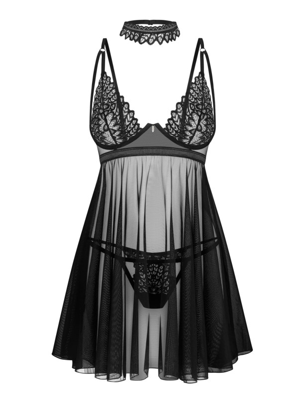 Black Sheer Babydoll Thong and Choker Set Obsessive Donarella