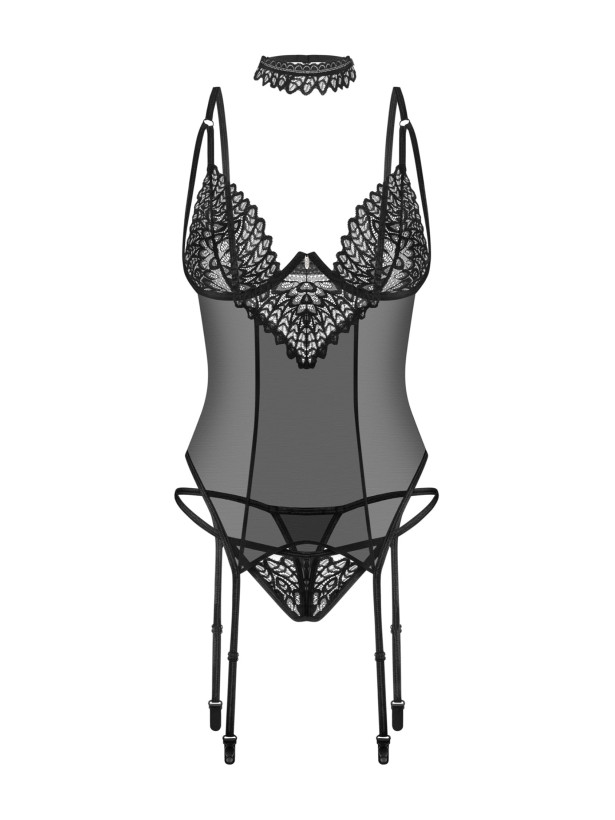 Black Corset with Garter Straps Thong and Choker Obsessive Donarella