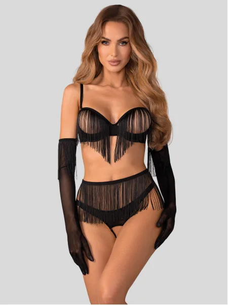 Fringe Open Cup Crotchless 4-Piece Set with Gloves Obsessive Rossay Black