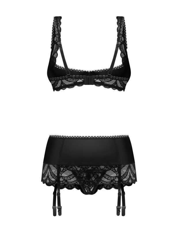 Black 3-Piece Lingerie Set Obsessive Lecille — Open Bra & Crotchless Thong