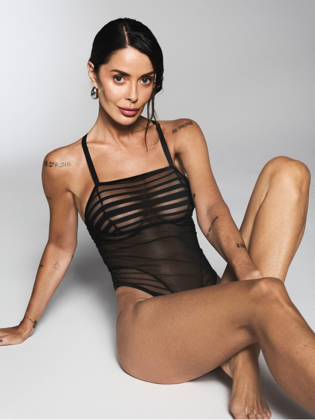 Black Bodysuit Obsessive Exquisite Lune Bellis — Striped Mesh Teddy