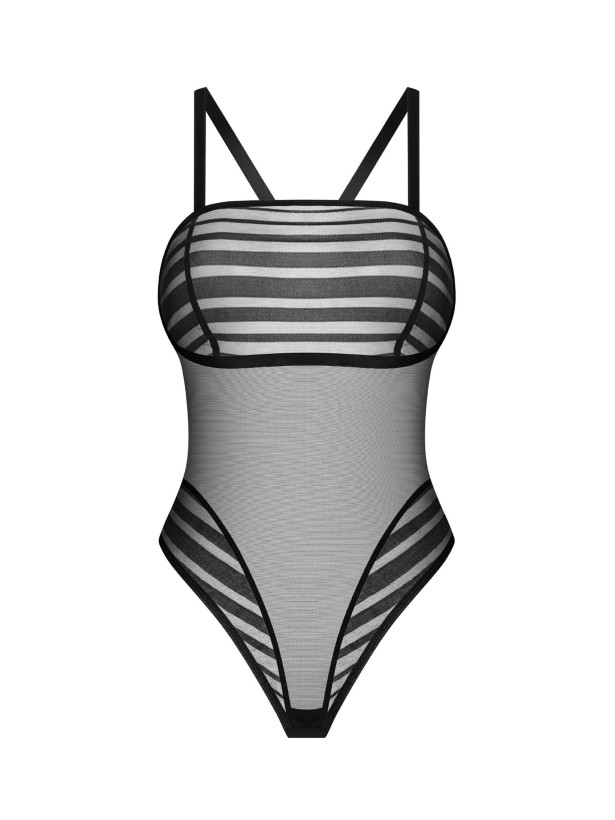 Black Bodysuit Obsessive Exquisite Lune Bellis — Striped Mesh Teddy