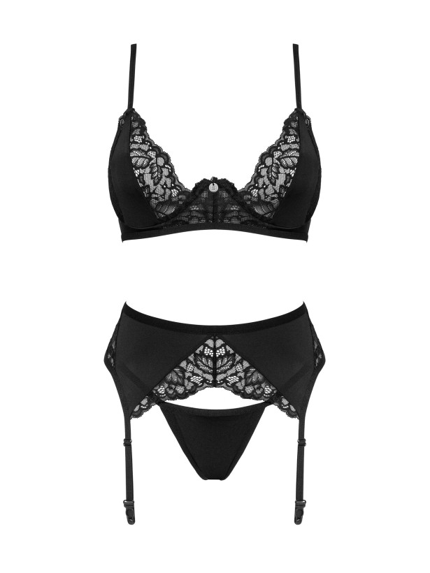 Obsessive Bellastia Erotik-Set: Soft-BH, String und Strumpfhalter mit Spitzenbesatz