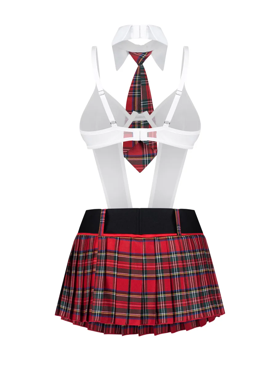 White Sheer Mesh Schoolgirl Costume 5-Piece Set With Tartan Skirt Obsessive College Girl