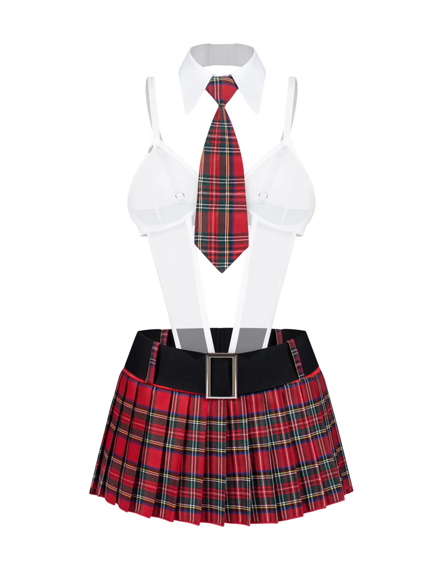 White Sheer Mesh Schoolgirl Costume 5-Piece Set With Tartan Skirt Obsessive College Girl