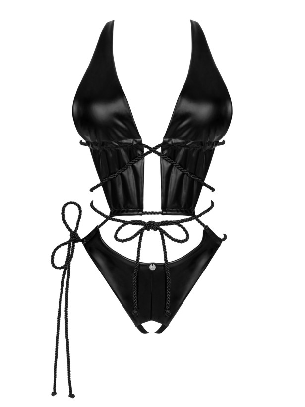 Obsessive Cordellis Verführerischer Ouvert-Body aus glänzendem Kunstleder mit Schnürung