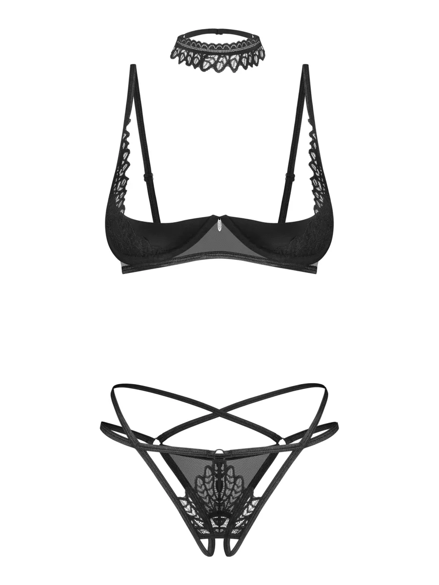 Obsessive Donarella Provokantes Offenes Bra, Slip & Halsband-Set