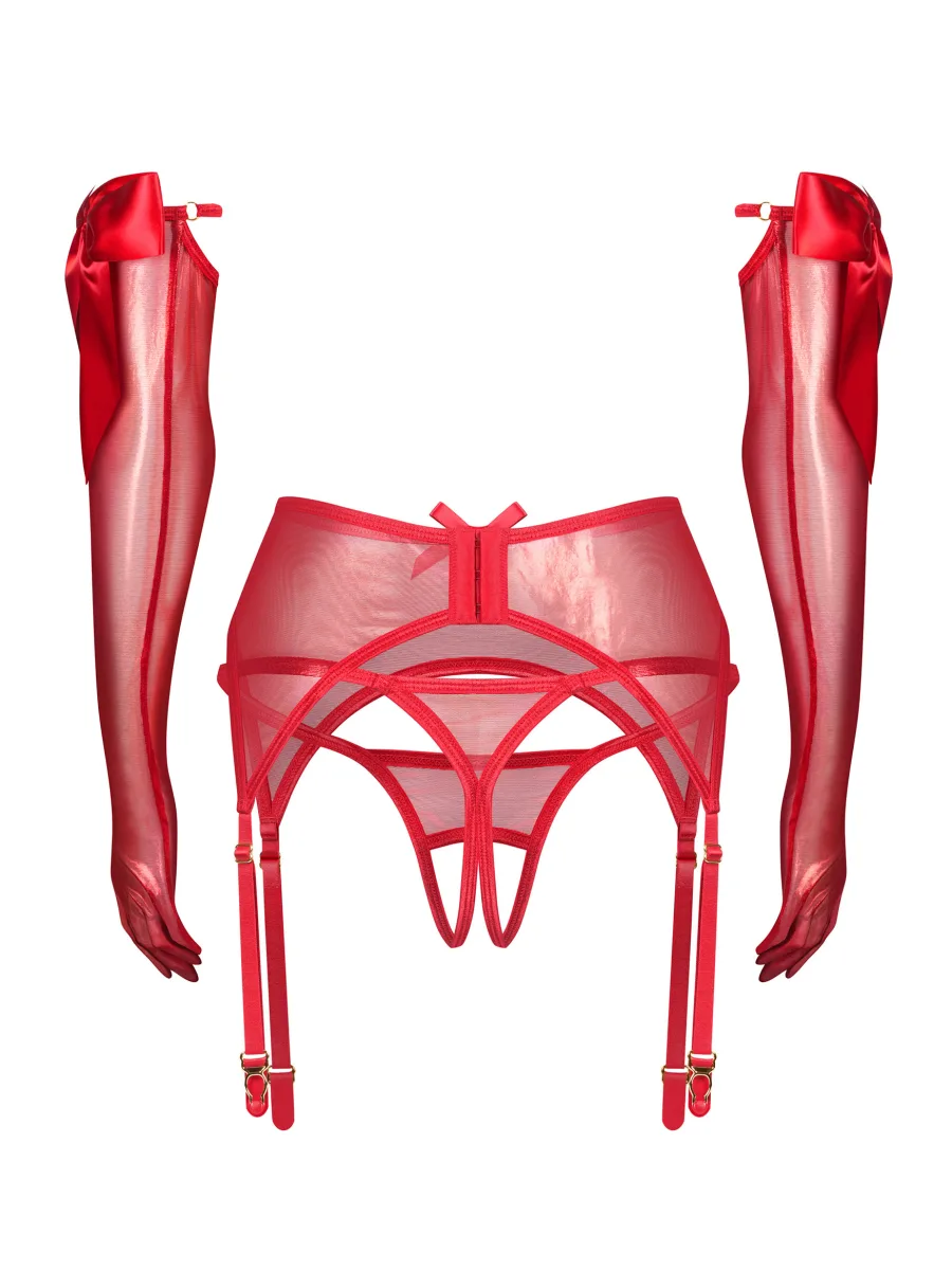 Red Suspender Belt Set With Crotchless Thong And Long Gloves 3-Piece Obsessive Gifty Red