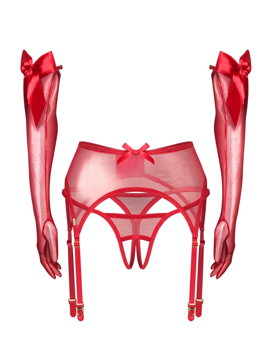 Red Suspender Belt Set With Crotchless Thong And Long Gloves 3-Piece Obsessive Gifty Red