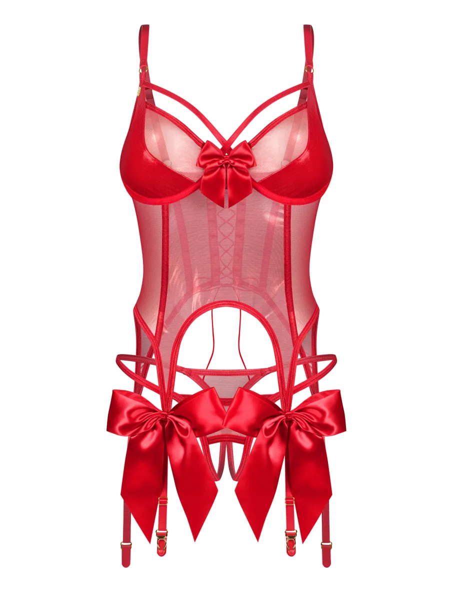 Red Lace-Up Corset With Suspender Straps And Crotchless Thong Obsessive Gifty Red