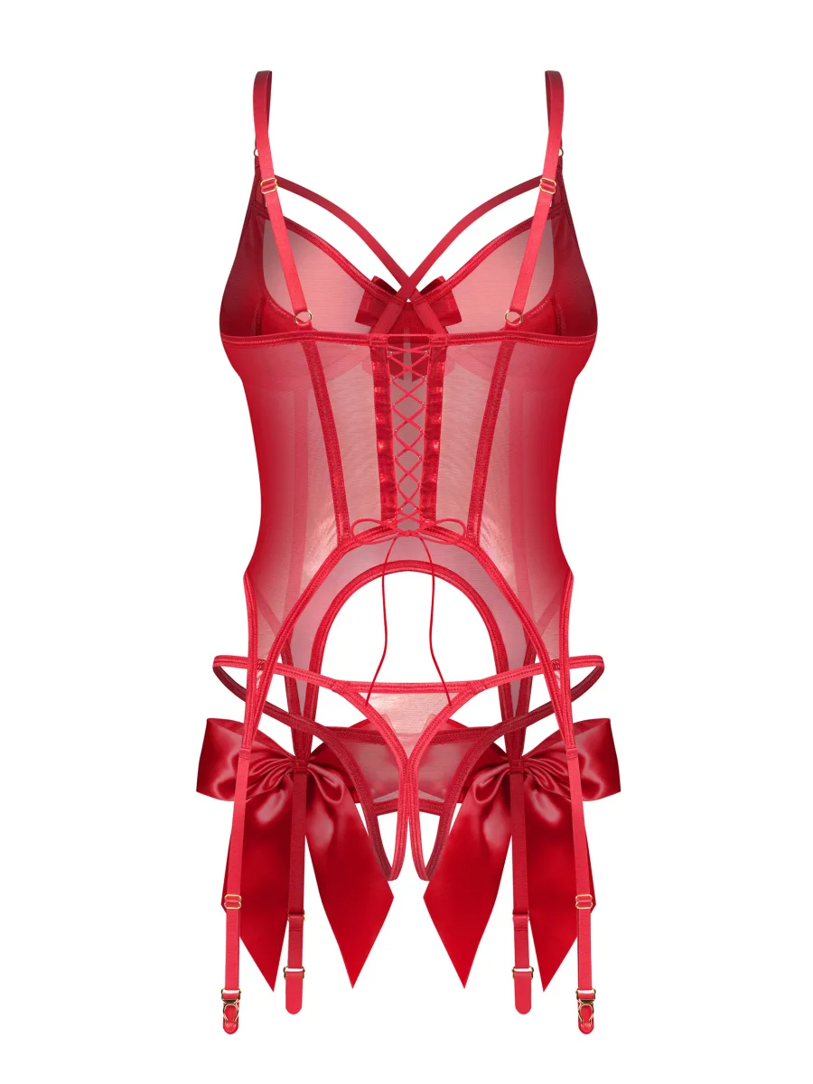 Red Lace-Up Corset With Suspender Straps And Crotchless Thong Obsessive Gifty Red