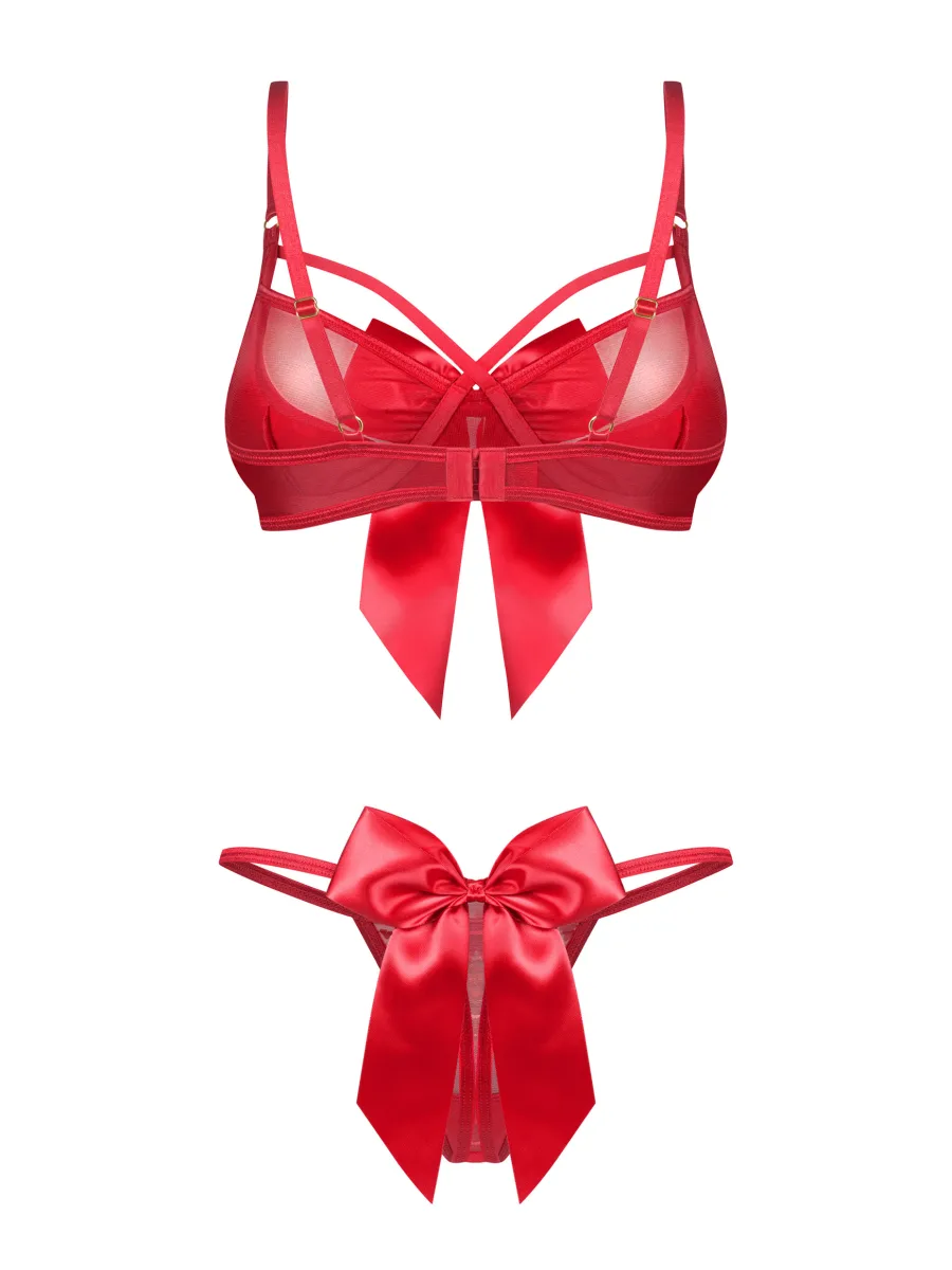 Red Underwired Bra And Thong Set With Satin Bows Obsessive Gifty Red