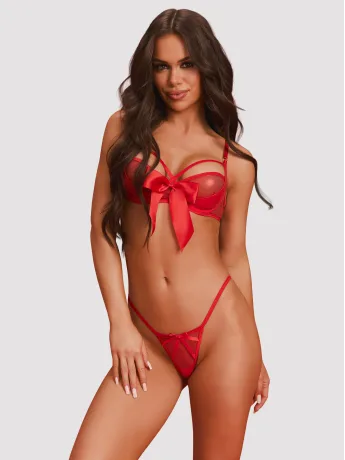 Red Underwired Bra And Thong Set With Satin Bows Obsessive Gifty Red