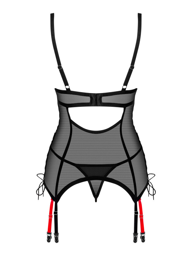 Obsessive Glandez Sheer Black Mesh Corset with Garters & Thong Set