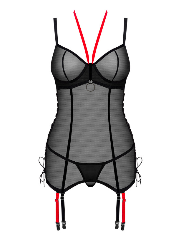Obsessive Glandez Sheer Black Mesh Corset with Garters & Thong Set