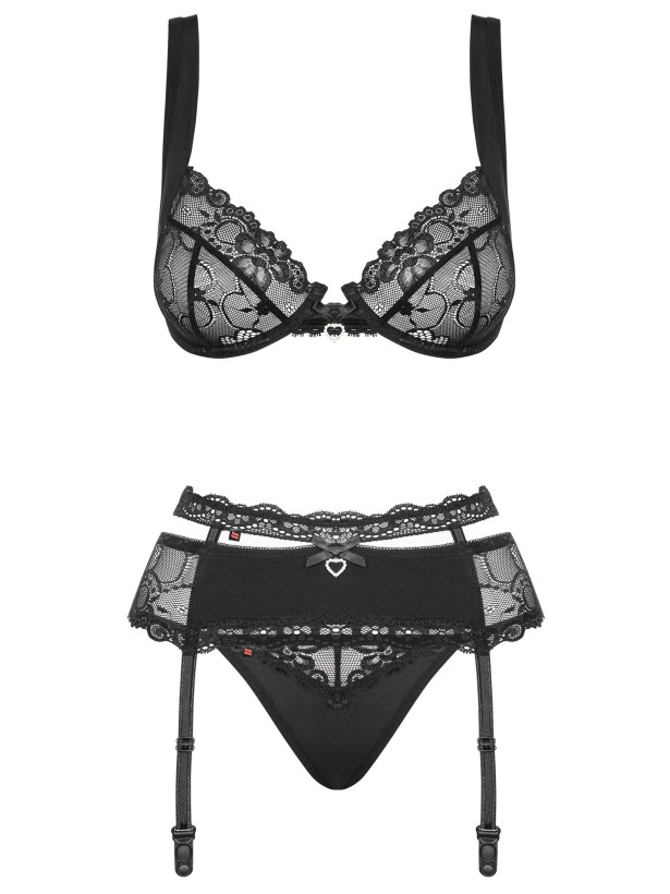 Black Lingerie Set Obsessive Heartina — Lace Three-Piece
