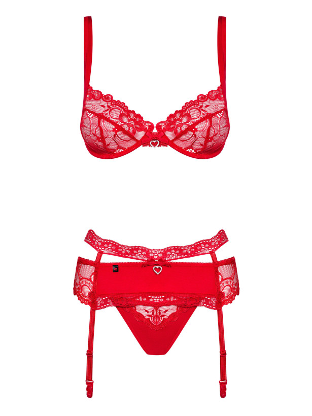 Red Lingerie Set Obsessive Heartina — 3-Piece Floral Lace