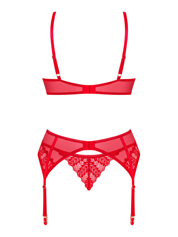 Obsessive Ingridia Verführerisches rotes Spitzen-Set: Soft-BH, String und Strumpfhalter