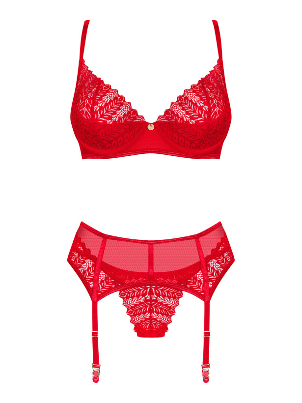 Obsessive Ingridia Verführerisches rotes Spitzen-Set: Soft-BH, String und Strumpfhalter