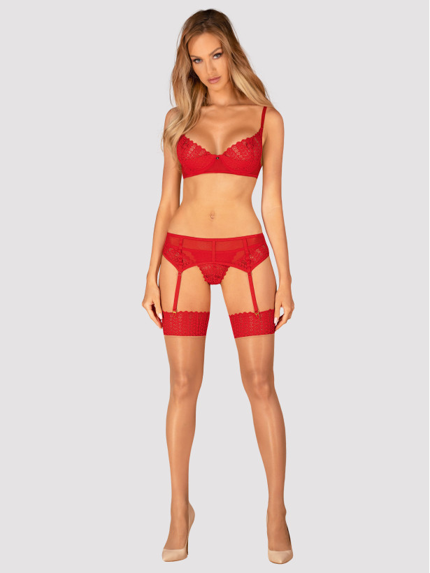 Obsessive Ingridia Verführerisches rotes Spitzen-Set: Soft-BH, String und Strumpfhalter