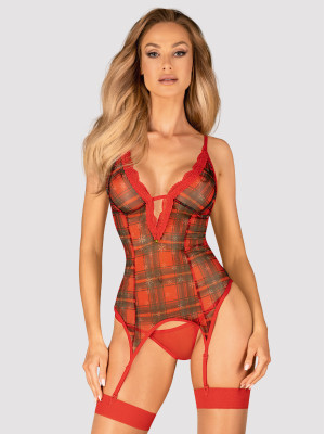 Obsessive Jollymore Festive Plaid Corset & Red Thong Set