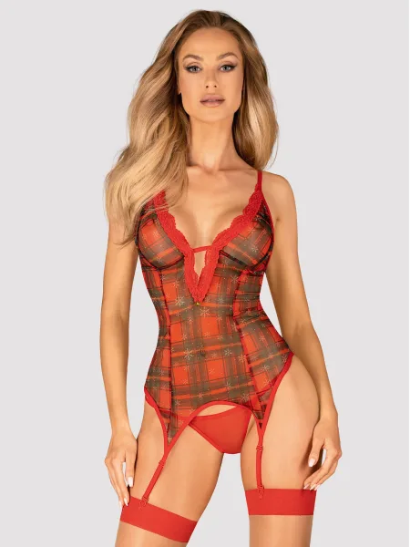 Obsessive Jollymore Festliches kariertes Korsett-Set mit rotem String