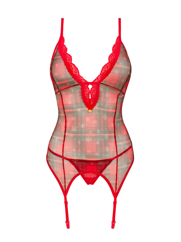 Obsessive Jollymore Festive Plaid Corset & Red Thong Set