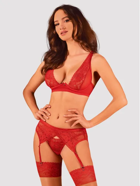 Obsessive Lacelove Verführerisches rotes Spitzen-Set: Balconette-BH, String und Strumpfhalter