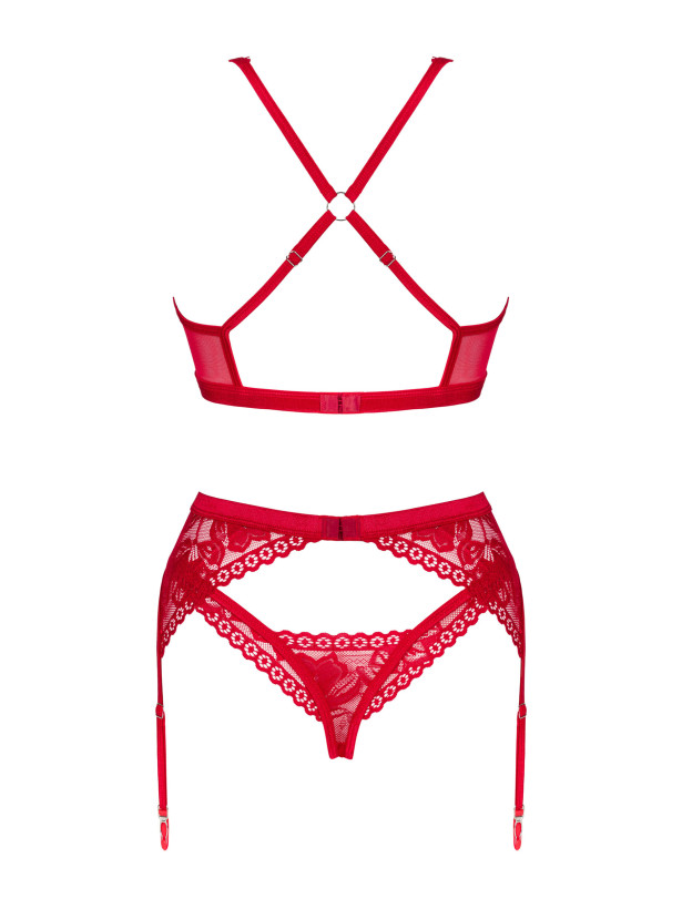 Obsessive Lacelove Verführerisches rotes Spitzen-Set: Balconette-BH, String und Strumpfhalter