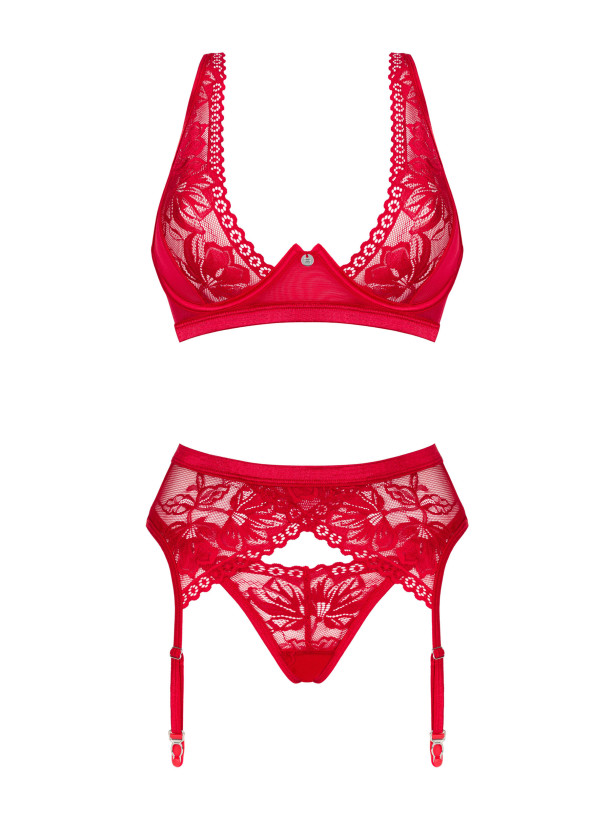 Obsessive Lacelove Verführerisches rotes Spitzen-Set: Balconette-BH, String und Strumpfhalter