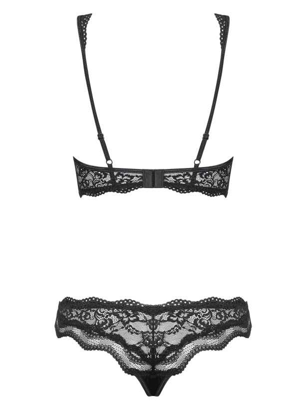 Obsessive Luvae Set: Schwarzer Spitzen-BH und String mit beigem Anhänger
