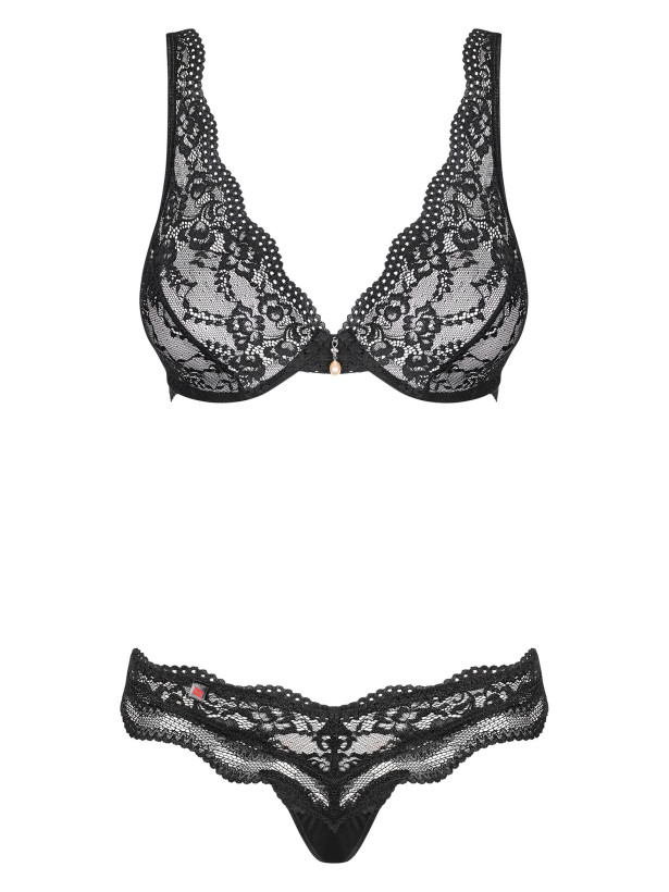 Obsessive Luvae Set: Schwarzer Spitzen-BH und String mit beigem Anhänger