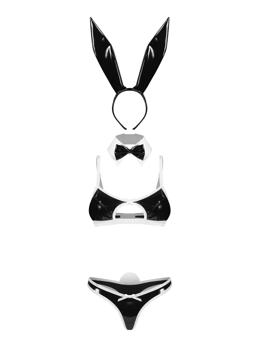 Schwarzes Wetlook Bunny-Kostüm 4-teilig mit Hasenohren Obsessive Night Bunny