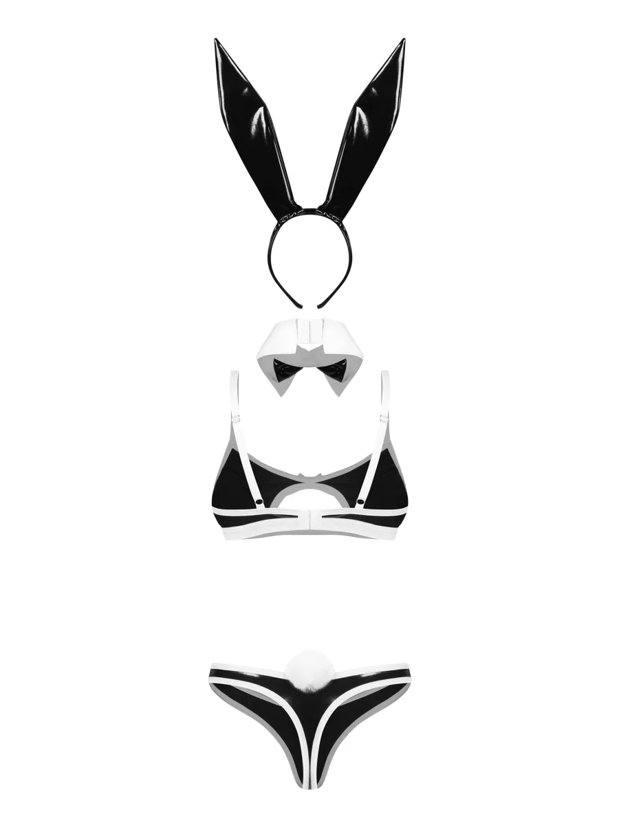 Schwarzes Wetlook Bunny-Kostüm 4-teilig mit Hasenohren Obsessive Night Bunny