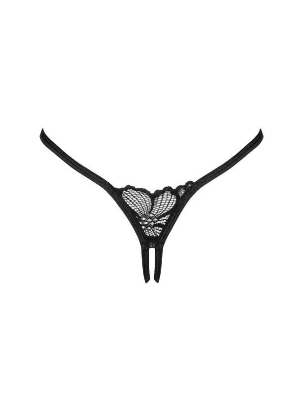 Obsessive Serafia Schwarzer Ouvert-Mini-String aus Blumenspitze
