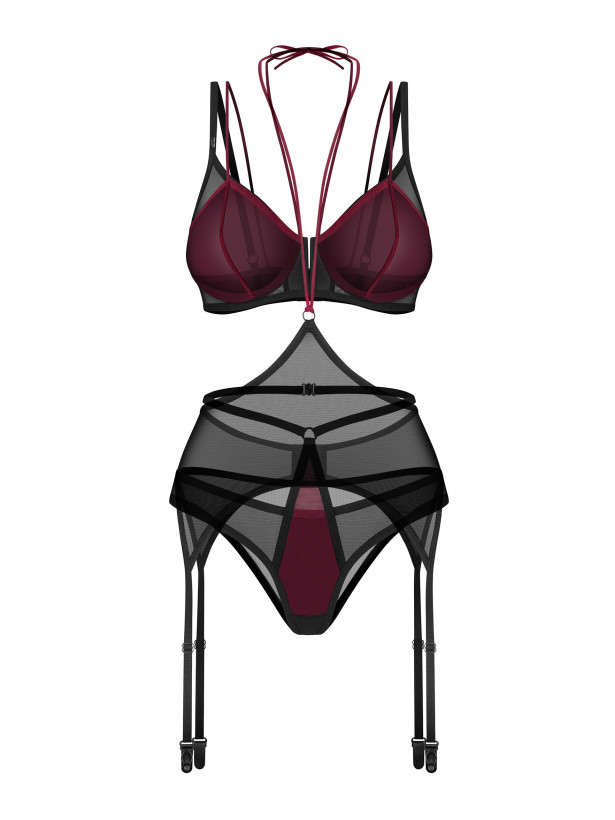 Burgundy Mesh 3-Piece Garter Belt Set Obsessive Parisel