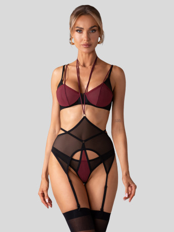 Burgundy Mesh 3-Piece Garter Belt Set Obsessive Parisel
