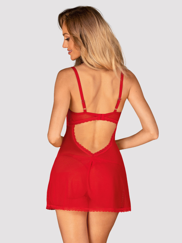 Chilisa-Set Obsessive: Rotes, transparentes Babydoll und String mit Herzanhänger