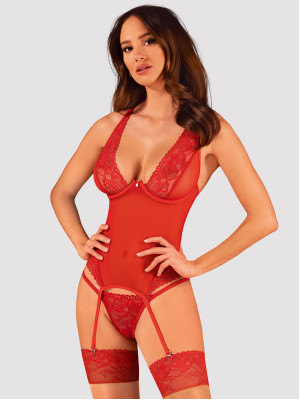 Obsessive Lacelove Erotisches rotes Korsett-Set mit Spitzenbesatz