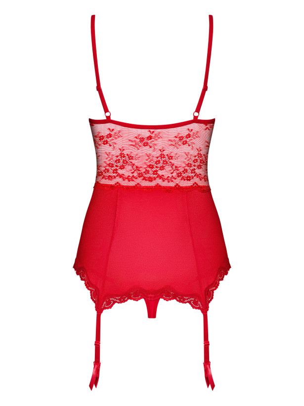 Obsessive Lovica Corset: Rotes, glänzendes Dessous-Set mit Strumpfhaltern